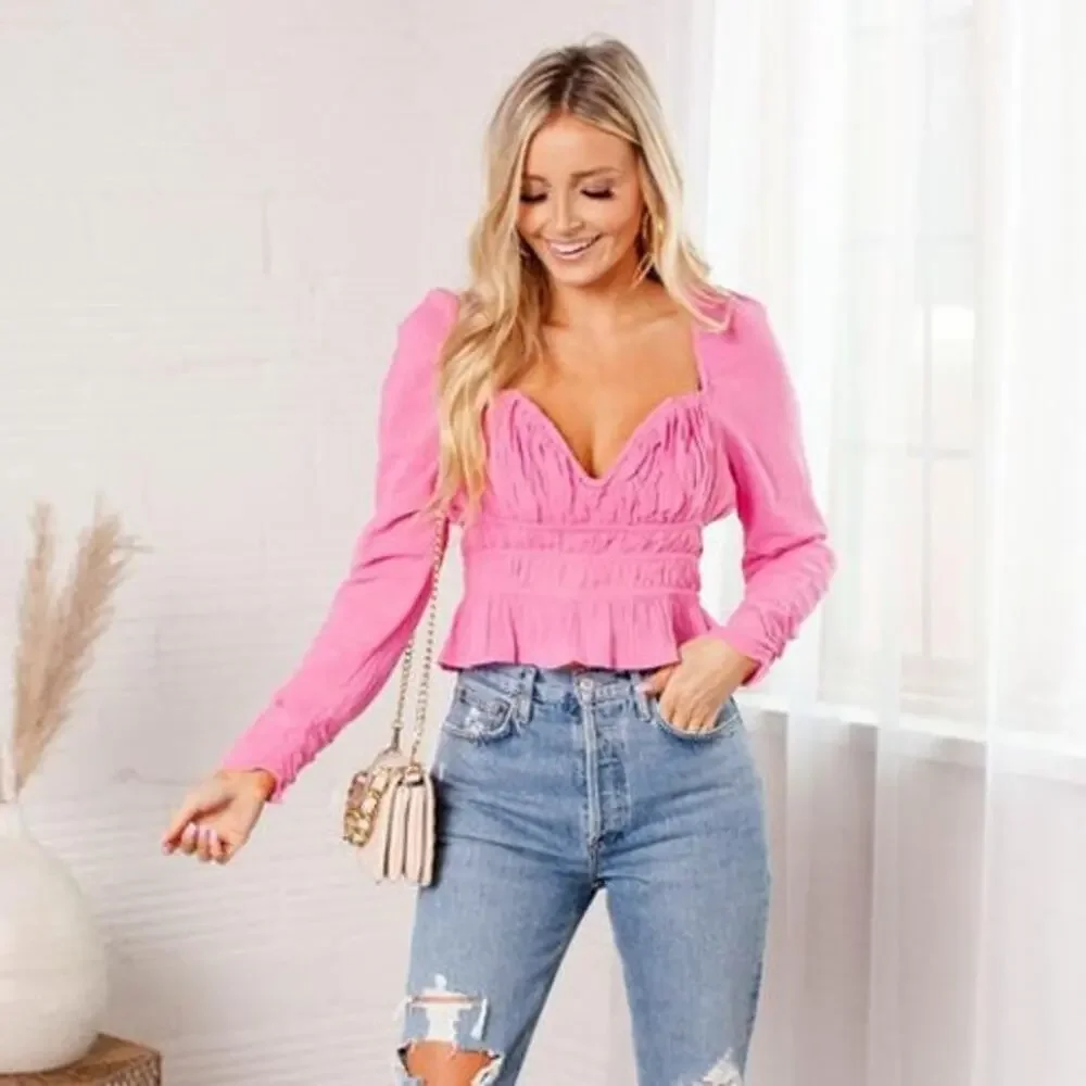 Free People Chloe Aurora Pink Smocked Peplum Sweetheart Bohemian Cropped Top